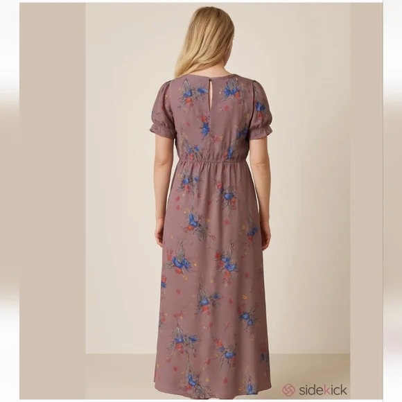 Promesa M Floral Puff Sleeve Maxi Dress Sweetheart Neckline & Front Slit Medium - Picture 2 of 5